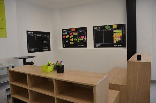 En cada sala cuentan con una pizarra de retos y logros que incentiva el trabajo grupal.