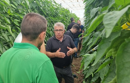 Bonifacio Sánchez explicando las variedades a los agricultores asistentes