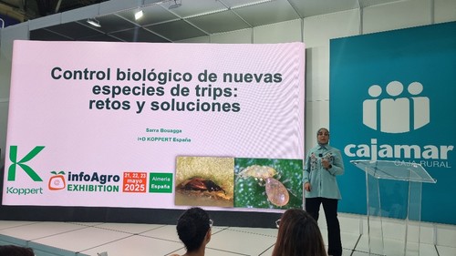 La investigadora Sarra Bouagga, de Koppert, dio una conferencia sobre sus soluciones ante el Thrips parvispinus