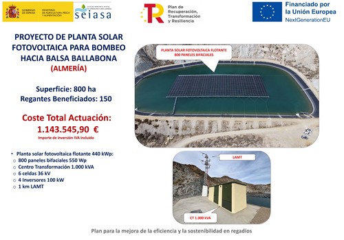 El Ministerio de Agricultura  entrega a los regantes la planta solar fotovoltaica flotante ejecutada en el Sindicato de Riegos de Cuevas del Almanzora