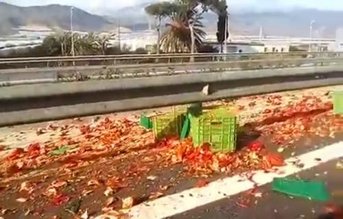 Vuelca un camión cargado de pimiento en la A-7 a la altura del núcleo ejidense de Tarambana
